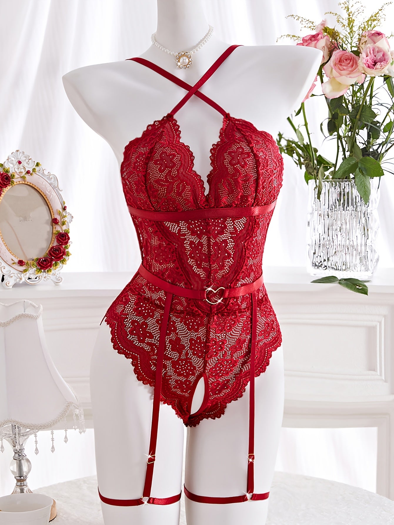 Valentine's Day Flower Lace Crotchless Underwear Set