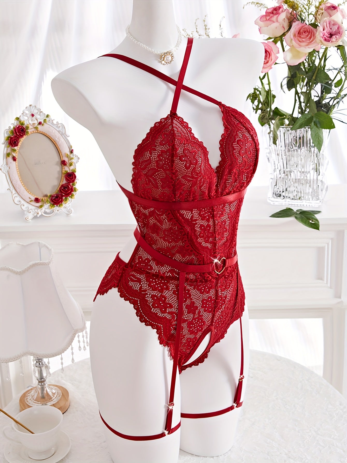 Valentine's Day Flower Lace Crotchless Underwear Set