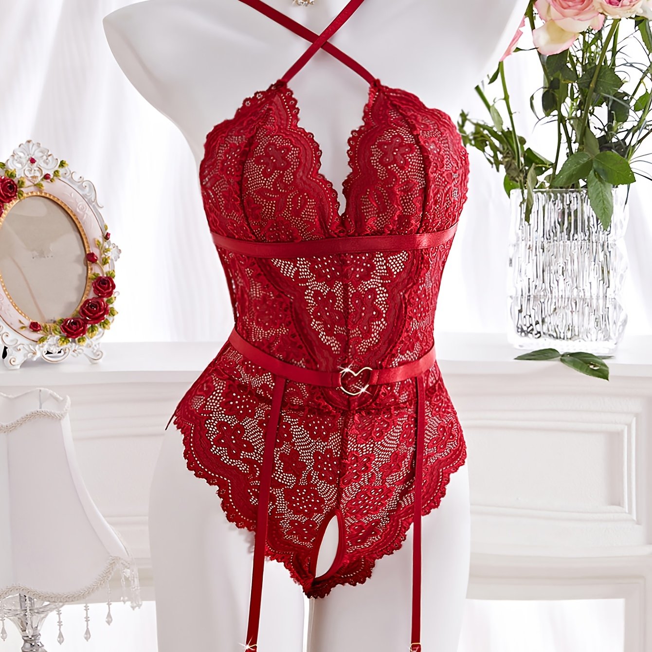 Valentine's Day Flower Lace Crotchless Underwear Set